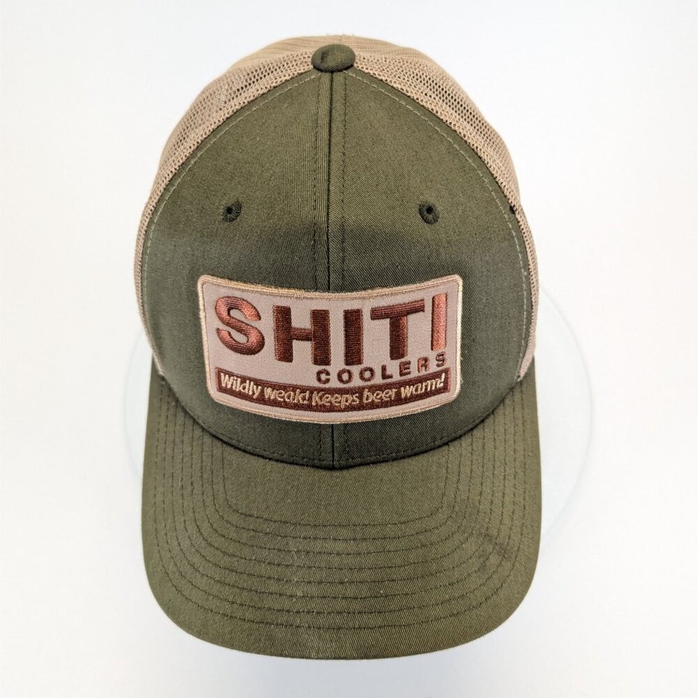 Shiti Coolers Mesh Trucker Hat Olive Green Tan Funny Beer Beverage Humor